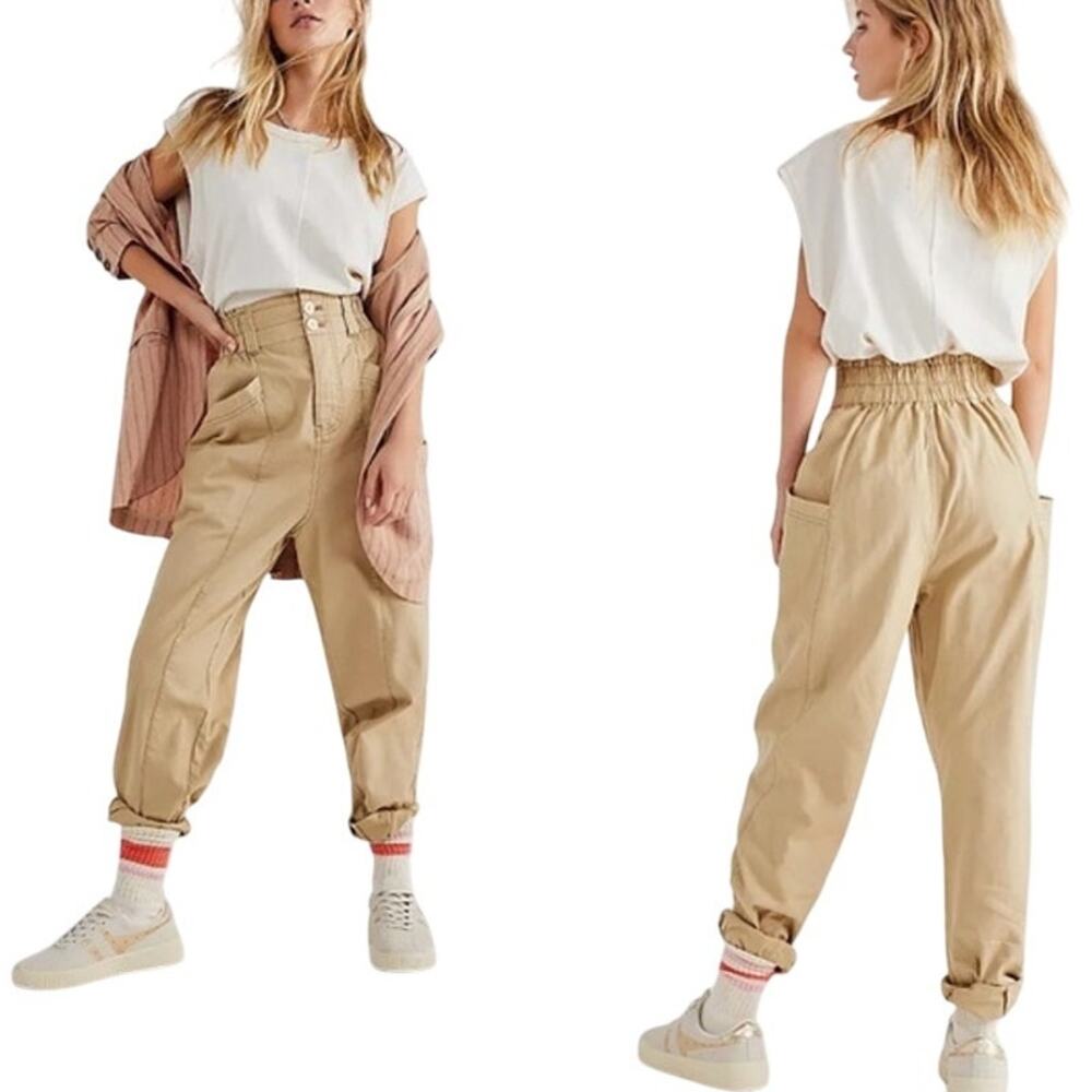 Free People High-Waist Paperbag Cargo Pants in Khaki